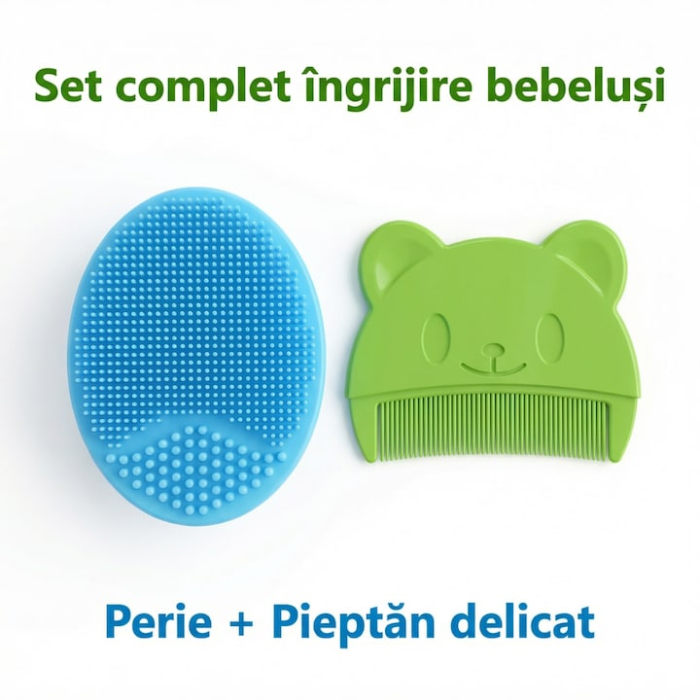 Set Perie De Baie Si Pieptan Bebelusi SUPER TRENDS® Din Silicon Moale, Perie Si Pieptan Bebe Cu Maner Ergonomic, Perie Si Piapten Bebelusi Pentru Indepartarea Crustelor De Lapte, Set Ingrijire Bebelusi Verde Albastru, Set Ingrijire Bebe Hipoalergenic [15]