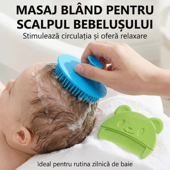 Set Perie De Baie Si Pieptan Bebelusi SUPER TRENDS® Din Silicon Moale, Perie Si Pieptan Bebe Cu Maner Ergonomic, Perie Si Piapten Bebelusi Pentru Indepartarea Crustelor De Lapte, Set Ingrijire Bebelusi Verde Albastru, Set Ingrijire Bebe Hipoalergenic [2]