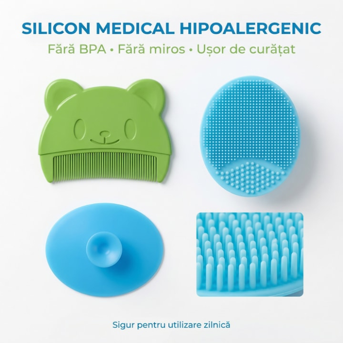 Set Perie De Baie Si Pieptan Bebelusi SUPER TRENDS® Din Silicon Moale, Perie Si Pieptan Bebe Cu Maner Ergonomic, Perie Si Piapten Bebelusi Pentru Indepartarea Crustelor De Lapte, Set Ingrijire Bebelusi Verde Albastru, Set Ingrijire Bebe Hipoalergenic [3]