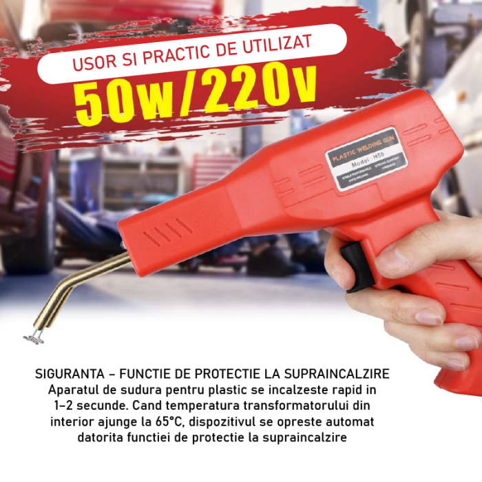Set Pistol si 200 Buc Capse Pentru Lipit Plastic SUPER TRENDS®, Reparare Crapaturi, cu Cleste si Cutter, 50W, Rosu [6]