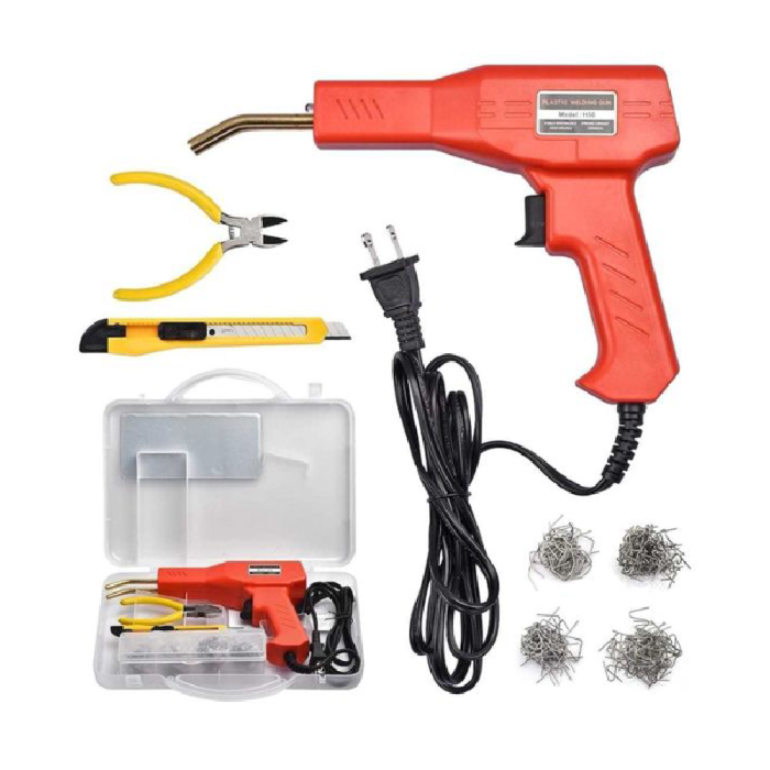 Set Pistol si 200 Buc Capse Pentru Lipit Plastic SUPER TRENDS®, Reparare Crapaturi, cu Cleste si Cutter, 50W, Rosu [3]