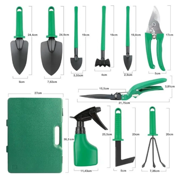 Set Unelte de Gradinarit 10 piese SUPER TRENDS®, din Otel Inoxidabil, Trusa Portabila, Verde [3]