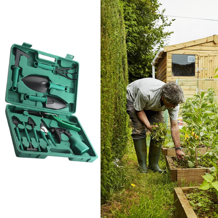 Set Unelte de Gradinarit 10 piese SUPER TRENDS®, din Otel Inoxidabil, Trusa Portabila, Verde [10]