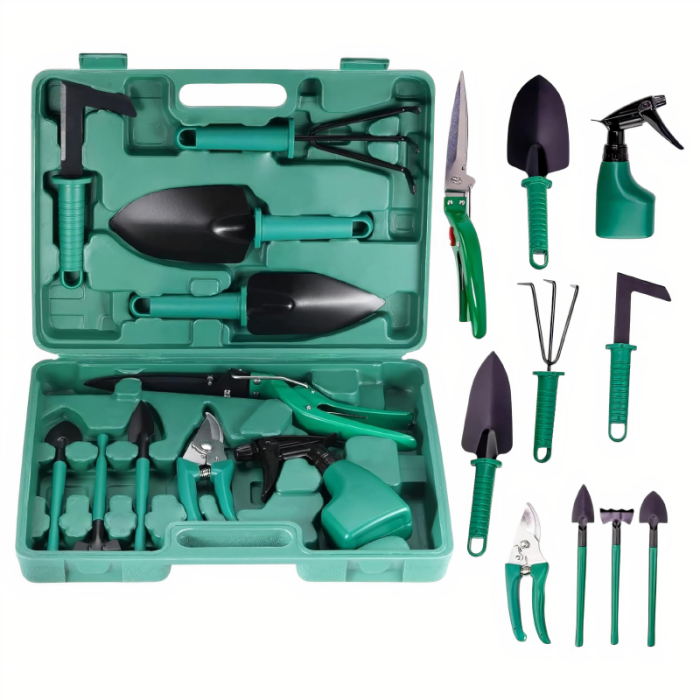 Set Unelte de Gradinarit 10 piese SUPER TRENDS®, din Otel Inoxidabil, Trusa Portabila, Verde [2]
