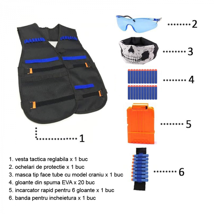 Set Vesta Tactica Pentru Copii Premium SUPER TRENDS®, Compatibila cu Seria Nerf N-Strike Elite, 20 de Gloante Din Spuma, Ochelari, Clip de Reincarcare, Masca Tactica si Bratara, Poliamida-Nailon, Mult [2]