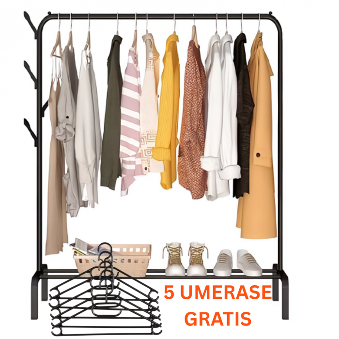 Suport de Umerase Premium SUPER TRENDS®, Organizator Pentru Haine, de Sine Statator, din Metal, Negru, 150 x 110 x 40 cm + 5 UMERASE CADOU [1]