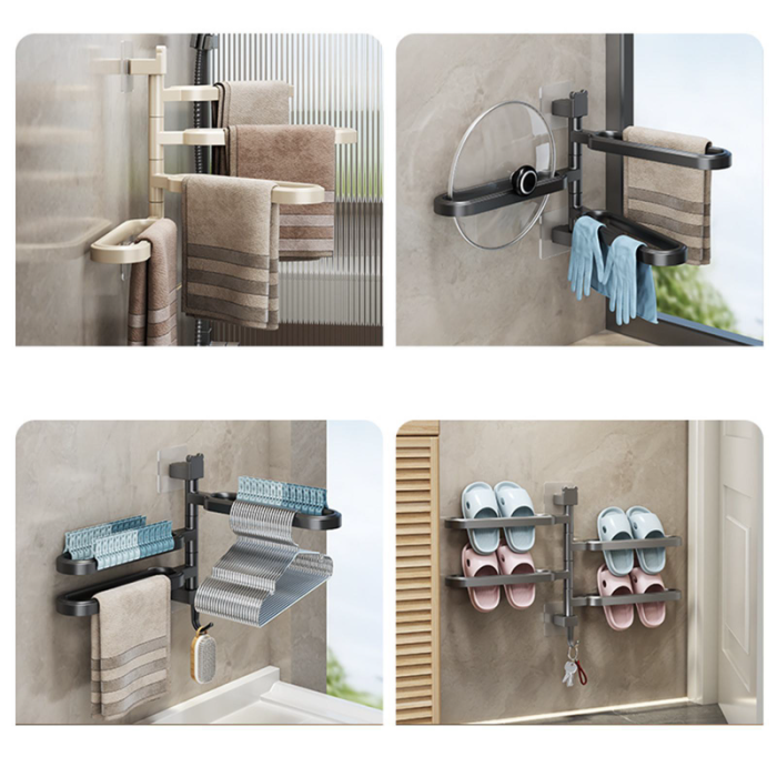 Suport Pentru Prosoape SUPER TRENDS®, cu 3 Brate Rotative, Montare Fara Gaurire, Gri Mat, 31x6 cm [8]