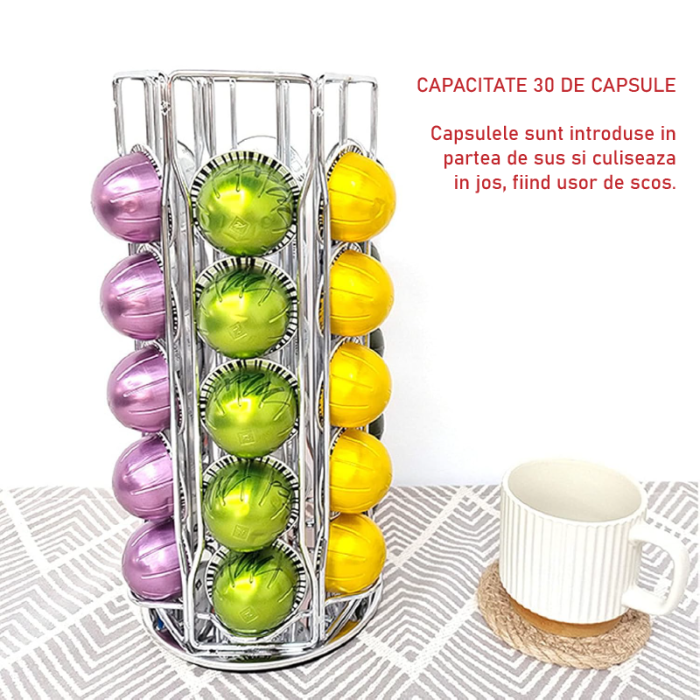 Suport Rotativ Pentru Capsule de Cafea Tip Nespresso, SUPER TRENDS®, Rotativ 360°, Capacitate 30 de Capsule, Argintiu [5]
