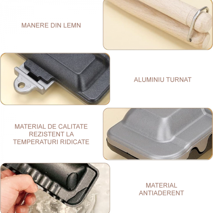 Tigaie Pentru Copt Sandwich 4 in 1 cu Doua Fete Premium SUPER TRENDS®, Pregatire Mic Dejun, Omleta, Hot Dog Toaster, Copt si Prajit, Antiaderenta, Pliabila, Aluminiu si Lemn [9]