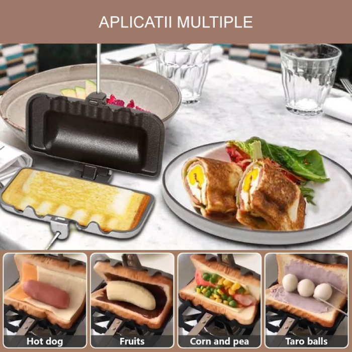Tigaie Pentru Copt Sandwich 4 in 1 cu Doua Fete Premium SUPER TRENDS®, Pregatire Mic Dejun, Omleta, Hot Dog Toaster, Copt si Prajit, Antiaderenta, Pliabila, Aluminiu si Lemn [7]