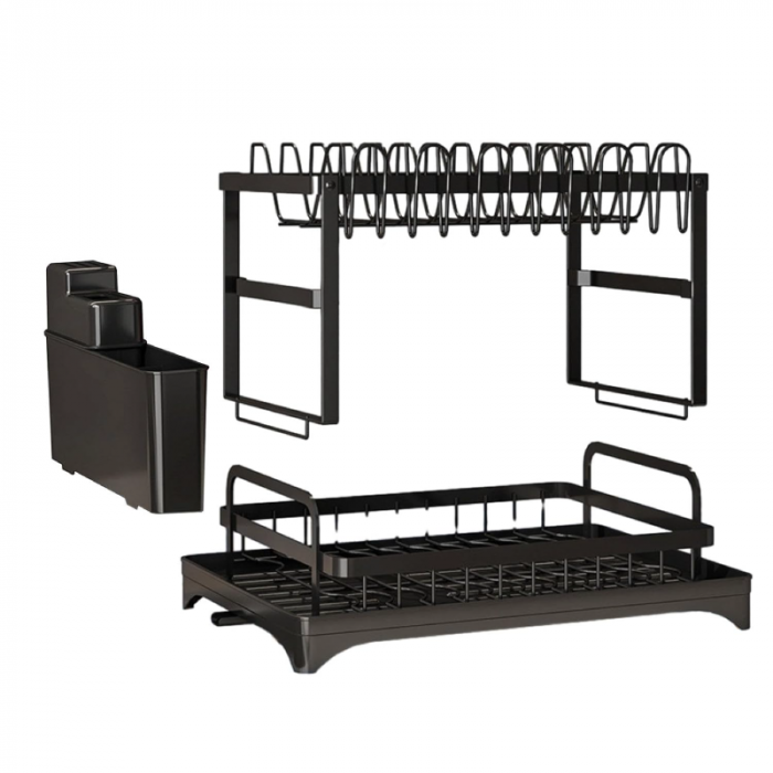 Uscator Pentru Vase cu 2 Nivele Premium SUPER TRENDS® Pentru Chiuveta, Cu Tavita de Scurgere, Suport Tacamuri si Suport Farfurii, Negru, 42 x 30 x 29 cm [5]