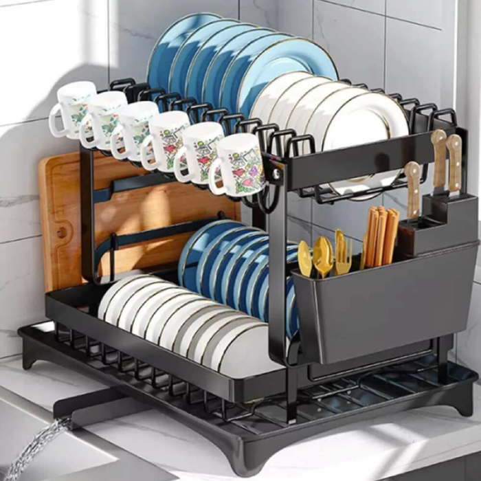 Uscator Pentru Vase cu 2 Nivele Premium SUPER TRENDS® Pentru Chiuveta, Cu Tavita de Scurgere, Suport Tacamuri si Suport Farfurii, Negru, 42 x 30 x 29 cm [3]
