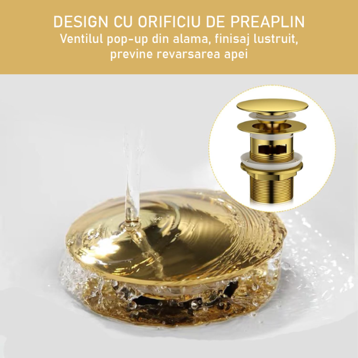 Ventil Chiuveta cu Gaura de Preaplin SUPER TRENDS®, Dop cu Arc Detasabil, Din Alama, Crom Auriu [7]