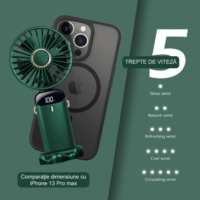 Ventilator Portabil Premium SUPER TRENDS®, 4 in 1, de Mana, de Birou, de Gat, cu Aromaterapie, 5 Trepte de Viteza, Incarcare USB, Autonomie 12h, Pliabil, cu Ecran LCD, Verde Inchis, Baterie de 4000 mA [5]