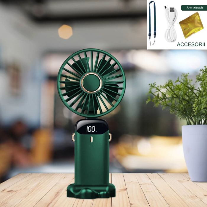 Ventilator Portabil Premium SUPER TRENDS®, 4 in 1, de Mana, de Birou, de Gat, cu Aromaterapie, 5 Trepte de Viteza, Incarcare USB, Autonomie 12h, Pliabil, cu Ecran LCD, Verde Inchis, Baterie de 4000 mA [8]