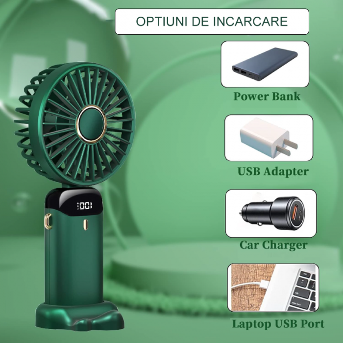 Ventilator Portabil Premium SUPER TRENDS®, 4 in 1, de Mana, de Birou, de Gat, cu Aromaterapie, 5 Trepte de Viteza, Incarcare USB, Autonomie 12h, Pliabil, cu Ecran LCD, Verde Inchis, Baterie de 4000 mA [4]