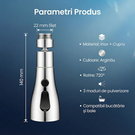 Aerator Pentru Robinet Chiuveta SUPER TRENDS®, Aerator Pentru Robinet Chiuveta Cu 3 Moduri Pulverizare Si Rotatie 360 Grade, Aerator Pentru Robinet Chiuveta Argintiu Cu Instalare Rapida, Economisire A [12]