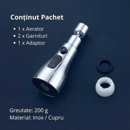 Aerator Pentru Robinet Chiuveta SUPER TRENDS®, Aerator Pentru Robinet Chiuveta Cu 3 Moduri Pulverizare Si Rotatie 360 Grade, Aerator Pentru Robinet Chiuveta Argintiu Cu Instalare Rapida, Economisire A [7]
