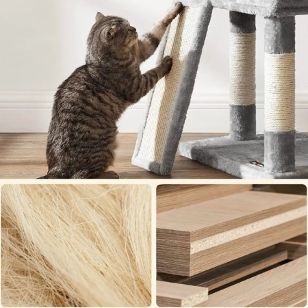 Ansamblu de Joaca Pentru Pisici SUPER TRENDS ®, Cat Tree, Inaltime 115 cm, 2 Culcusuri, Casuta si Stalpi cu Sisal, Gri [7]