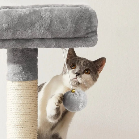 Ansamblu de Joaca Pentru Pisici SUPER TRENDS ®, Cat Tree, Inaltime 115 cm, 2 Culcusuri, Casuta si Stalpi cu Sisal, Gri [6]