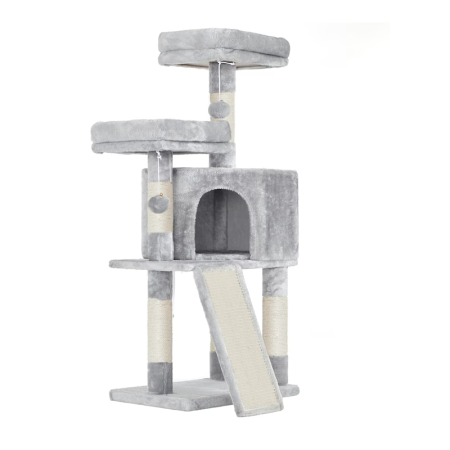 Produse - Ansamblu de Joaca Pentru Pisici SUPER TRENDS ®, Cat Tree, Inaltime 115 cm, 2 Culcusuri, Casuta si Stalpi cu Sisal, Gri