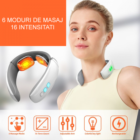 Aparat de Masaj Pentru Gat Premium SUPER TRENDS®, 6 Moduri de Masaj, Incarcabil, Portabil, USB, Alb [2]