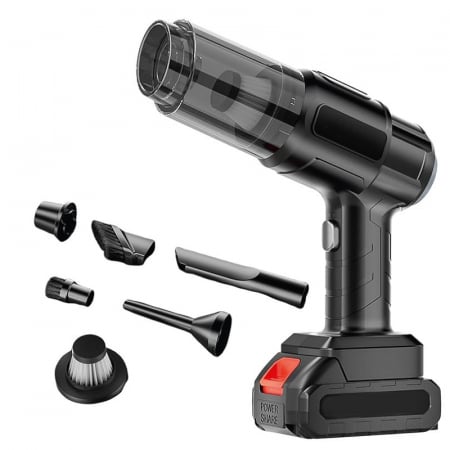 Auto - Aspirator de Mana Profesional SUPER TRENDS®, cu Acumulator, Puternic si Usor, Putere 150W, Acumulator 18.5V 1.3Ah, 6 Accesorii, Aspirare Uscata, Suflare, Vacuum pentru Casa si Masina, Negru