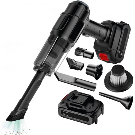 Aspirator de Mana Profesional SUPER TRENDS®, cu Acumulator, Puternic si Usor, Putere 150W, Acumulator 18.5V 1.3Ah, 6 Accesorii, Aspirare Uscata, Suflare, Vacuum pentru Casa si Masina, Negru [1]