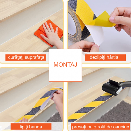 Banda Antiderapanta Premium SUPER TRENDS®, pentru Scari si Trepte de Exterior si Interior, Autoadeziva, cu Aplicare pe Gresie, Ciment, Parchet, Metal si Lemn, Rezistenta la Apa, 5 cm x 5 m, Galben-Neg [6]
