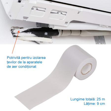 Banda de Matisat Tevi Profesionala SUPER TRENDS®, 9 cm x 25 m, Material PVC, Pentru Izolarea Tevilor, Potrivita Pentru Montaj Aparate de Aer Conditionat, Alba [3]