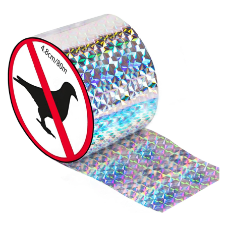 Produse - Banda Reflectorizanta Sperietoare de Pasari SUPER TRENDS®, 80 m x 4.8 cm, Protectie si Descurajare a Porumbeilor, pentru Balcoane, Gradini si Acoperisuri, Model Holografic
