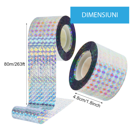 Banda Reflectorizanta Sperietoare de Pasari SUPER TRENDS®, 80 m x 4.8 cm, Protectie si Descurajare a Porumbeilor, pentru Balcoane, Gradini si Acoperisuri, Model Holografic [1]