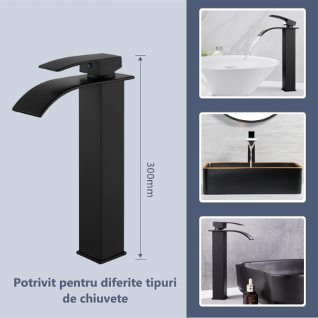 Baterie Chiuveta Baie monocomanda finisaj negru, baterie baie din otel inoxidabil, inalta 30 cm, design modern minimalist, baterie chiuveta baie rezistenta la coroziune, montaj usor, utilizare zilnica, baterie baie negru mat [8]
