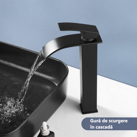 Baterie Chiuveta Baie monocomanda finisaj negru, baterie baie din otel inoxidabil, inalta 30 cm, design modern minimalist, baterie chiuveta baie rezistenta la coroziune, montaj usor, utilizare zilnica, baterie baie negru mat [9]