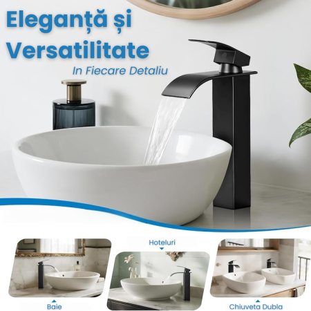 Baterie Chiuveta Baie monocomanda finisaj negru, baterie baie din otel inoxidabil, inalta 30 cm, design modern minimalist, baterie chiuveta baie rezistenta la coroziune, montaj usor, utilizare zilnica, baterie baie negru mat [2]
