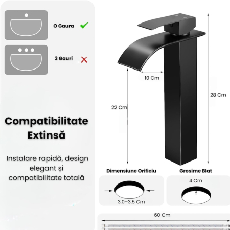 Baterie Chiuveta Baie monocomanda finisaj negru, baterie baie din otel inoxidabil, inalta 30 cm, design modern minimalist, baterie chiuveta baie rezistenta la coroziune, montaj usor, utilizare zilnica, baterie baie negru mat [5]