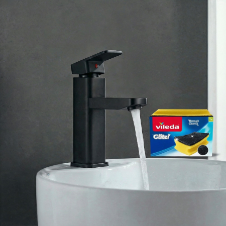 Casa & Gradina - Baterie Chiuveta Baie Premium Class Din Otel Inoxidabil, Baterie Chiuveta Baie Cu Cartus Ceramic Si Finisaj Negru Mat, Racorduri Incluse, Design Monocomanda Pentru Lavoare Tip Bowl, Baterie Chiuveta Baie 17 Cm Inaltime, Burete Vileda Glitzi