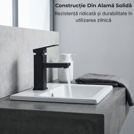 Baterie Chiuveta Baie Premium Class Din Otel Inoxidabil, Baterie Chiuveta Baie Cu Cartus Ceramic Si Finisaj Negru Mat, Racorduri Incluse, Design Monocomanda Pentru Lavoare Tip Bowl, Baterie Chiuveta Baie 17 Cm Inaltime, Burete Vileda Glitzi [6]