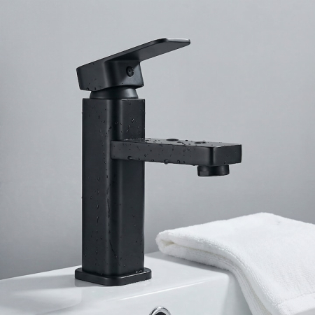 Baterie Chiuveta Baie Premium Class Din Otel Inoxidabil, Baterie Chiuveta Baie Cu Cartus Ceramic Si Finisaj Negru Mat, Racorduri Incluse, Design Monocomanda Pentru Lavoare Tip Bowl, Baterie Chiuveta Baie 17 Cm Inaltime, Burete Vileda Glitzi [10]