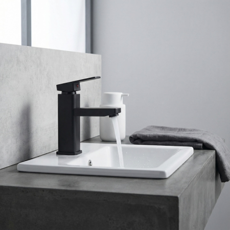 Baterie Chiuveta Baie Premium Class Din Otel Inoxidabil, Baterie Chiuveta Baie Cu Cartus Ceramic Si Finisaj Negru Mat, Racorduri Incluse, Design Monocomanda Pentru Lavoare Tip Bowl, Baterie Chiuveta Baie 17 Cm Inaltime, Burete Vileda Glitzi [9]