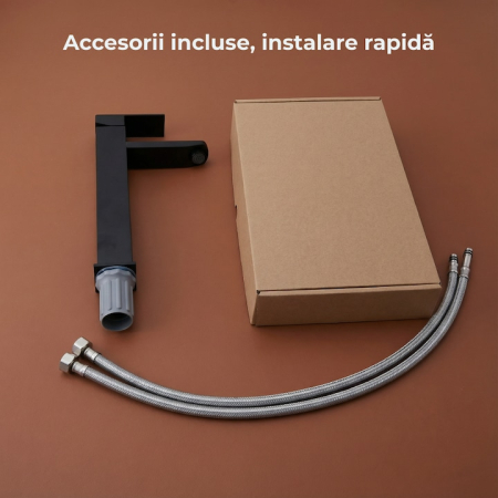 Baterie Chiuveta Baie Premium Class Din Otel Inoxidabil, Cadou Burete Vileda Glitzi, Baterie Chiuveta Baie Cu Cartus Ceramic Si Finisaj Negru Mat Rezistent, Racorduri Incluse, Design Monocomanda Pentru Lavoare Tip Bowl, Baterie 30 cm [5]