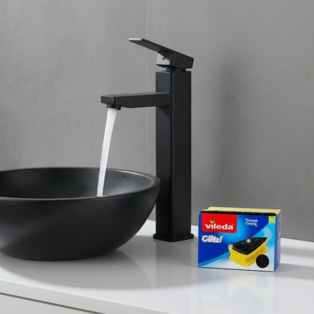 Casa & Gradina - Baterie Chiuveta Baie Premium Class Din Otel Inoxidabil, Cadou Burete Vileda Glitzi, Baterie Chiuveta Baie Cu Cartus Ceramic Si Finisaj Negru Mat Rezistent, Racorduri Incluse, Design Monocomanda Pentru Lavoare Tip Bowl, Baterie 30 cm