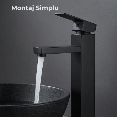 Baterie Chiuveta Baie Premium Class Din Otel Inoxidabil, Cadou Burete Vileda Glitzi, Baterie Chiuveta Baie Cu Cartus Ceramic Si Finisaj Negru Mat Rezistent, Racorduri Incluse, Design Monocomanda Pentru Lavoare Tip Bowl, Baterie 30 cm [4]