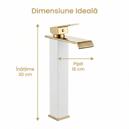 Baterie Chiuveta Baie Monocomanda, Baterie Baie Inalta Cu Design Minimalist Auriu-Alb, Baterie Chiuveta Baie Pentru Lavoar Modern, Montaj Pe Blat, Racorduri Incluse, Finisaj Elegant, Inaltime 30 Cm, Baterie Baie Rezistenta [4]