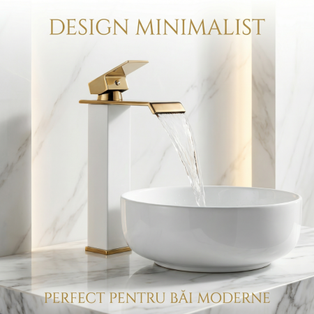 Baterie Chiuveta Baie Monocomanda, Baterie Baie Inalta Cu Design Minimalist Auriu-Alb, Baterie Chiuveta Baie Pentru Lavoar Modern, Montaj Pe Blat, Racorduri Incluse, Finisaj Elegant, Inaltime 30 Cm, Baterie Baie Rezistenta [3]