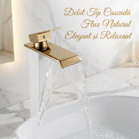 Baterie Chiuveta Baie Monocomanda, Baterie Baie Inalta Cu Design Minimalist Auriu-Alb, Baterie Chiuveta Baie Pentru Lavoar Modern, Montaj Pe Blat, Racorduri Incluse, Finisaj Elegant, Inaltime 30 Cm, Baterie Baie Rezistenta [5]