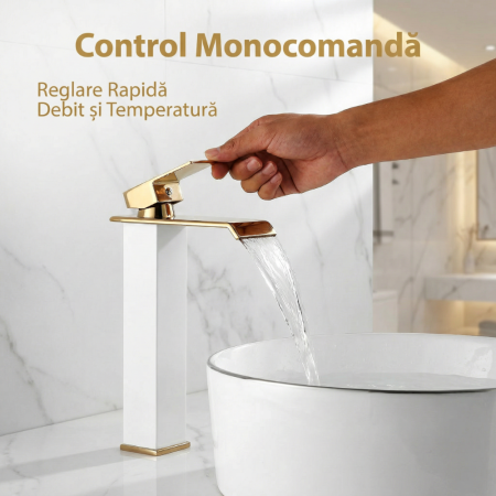 Baterie Chiuveta Baie Monocomanda, Baterie Baie Inalta Cu Design Minimalist Auriu-Alb, Baterie Chiuveta Baie Pentru Lavoar Modern, Montaj Pe Blat, Racorduri Incluse, Finisaj Elegant, Inaltime 30 Cm, Baterie Baie Rezistenta [1]