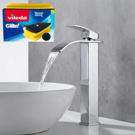 Casa & Gradina - Baterie Chiuveta Baie SUPER TRENDS monocomanda tip cascada, otel inoxidabil, argintie, 30cm, racorduri incluse, burete Vileda Glitzi cadou