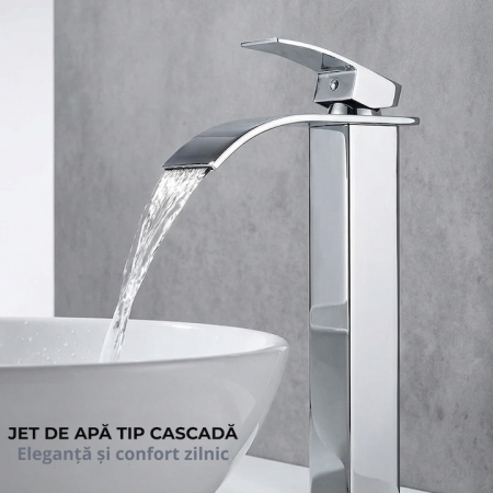 Baterie Chiuveta Baie SUPER TRENDS monocomanda tip cascada, otel inoxidabil, argintie, 30cm, racorduri incluse, burete Vileda Glitzi cadou [2]