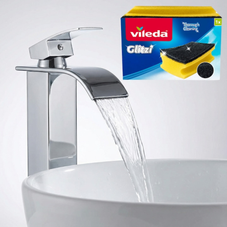 Baterie Chiuveta Baie SUPER TRENDS monocomanda tip cascada, otel inoxidabil, argintie, 30cm, racorduri incluse, burete Vileda Glitzi cadou [9]
